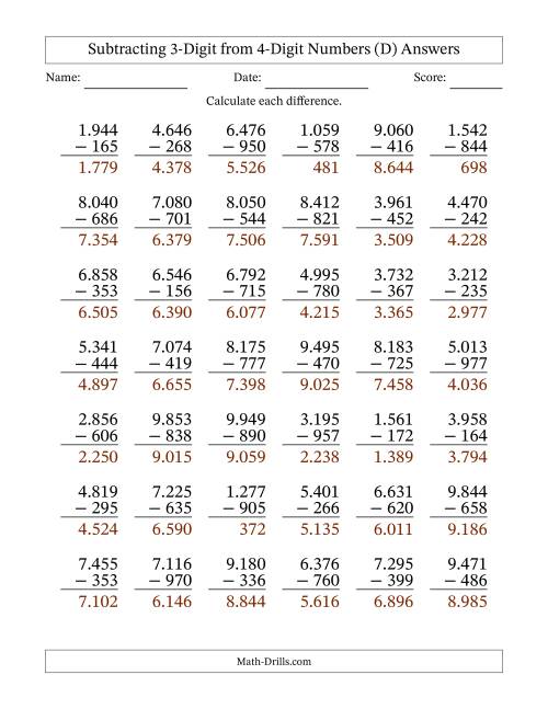 The Subtracting 3-Digit from 4-Digit Numbers With Some Regrouping (42 Questions) (Period Separated Thousands) (D) Math Worksheet Page 2