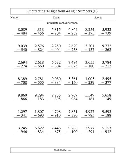 The Subtracting 3-Digit from 4-Digit Numbers With Some Regrouping (42 Questions) (Period Separated Thousands) (F) Math Worksheet