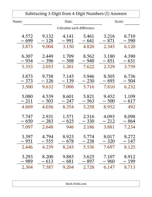 The Subtracting 3-Digit from 4-Digit Numbers With Some Regrouping (42 Questions) (Period Separated Thousands) (I) Math Worksheet Page 2