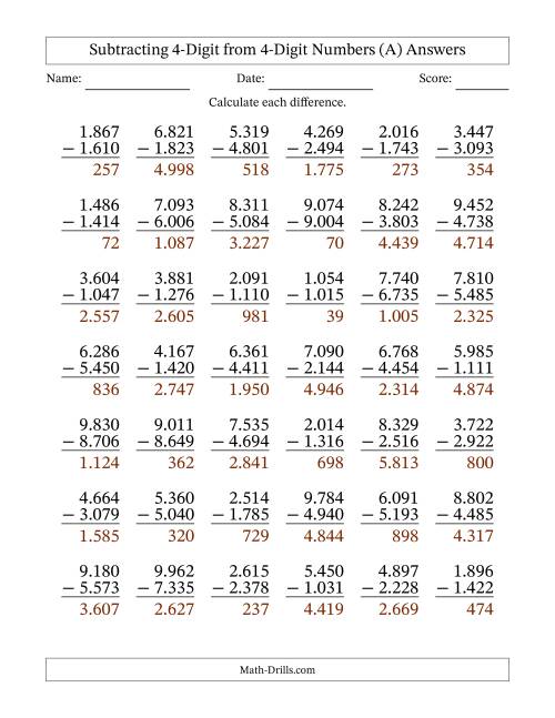 The Subtracting 4-Digit from 4-Digit Numbers With Some Regrouping (42 Questions) (Period Separated Thousands) (A) Math Worksheet Page 2