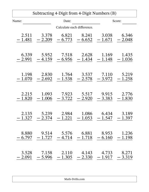 The Subtracting 4-Digit from 4-Digit Numbers With Some Regrouping (42 Questions) (Period Separated Thousands) (B) Math Worksheet