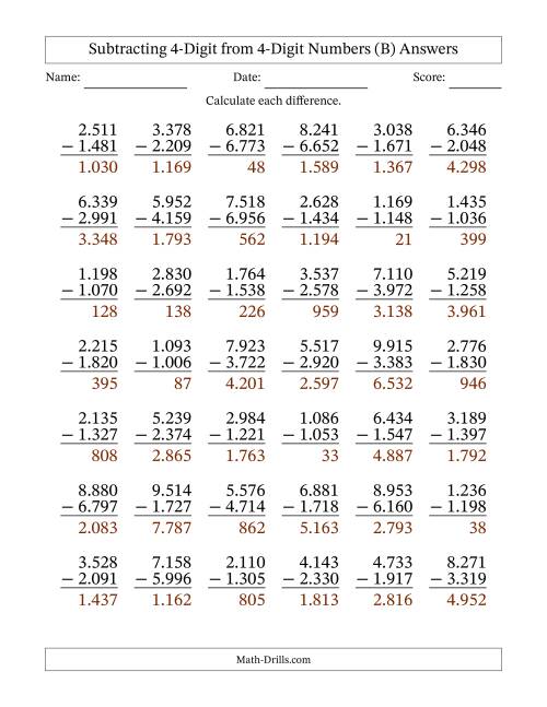The Subtracting 4-Digit from 4-Digit Numbers With Some Regrouping (42 Questions) (Period Separated Thousands) (B) Math Worksheet Page 2
