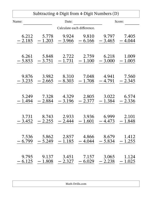 The Subtracting 4-Digit from 4-Digit Numbers With Some Regrouping (42 Questions) (Period Separated Thousands) (D) Math Worksheet