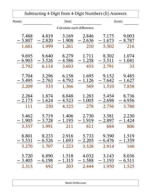 The Subtracting 4-Digit from 4-Digit Numbers With Some Regrouping (42 Questions) (Period Separated Thousands) (E) Math Worksheet Page 2