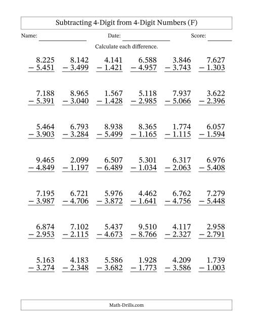 The Subtracting 4-Digit from 4-Digit Numbers With Some Regrouping (42 Questions) (Period Separated Thousands) (F) Math Worksheet