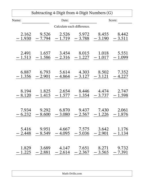 The Subtracting 4-Digit from 4-Digit Numbers With Some Regrouping (42 Questions) (Period Separated Thousands) (G) Math Worksheet