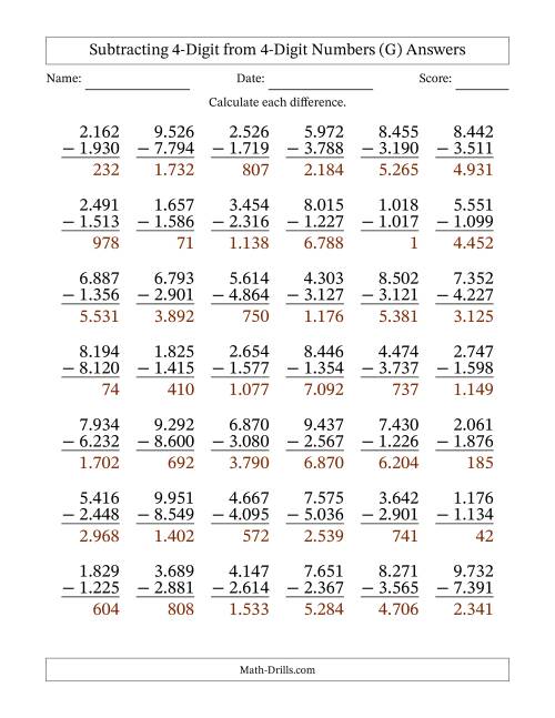 The Subtracting 4-Digit from 4-Digit Numbers With Some Regrouping (42 Questions) (Period Separated Thousands) (G) Math Worksheet Page 2