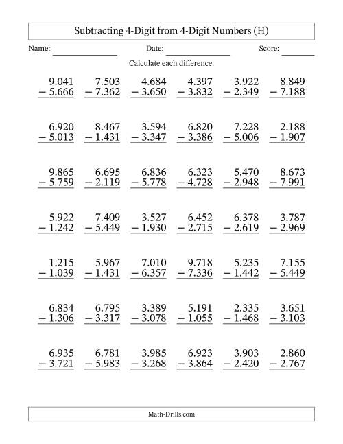 The Subtracting 4-Digit from 4-Digit Numbers With Some Regrouping (42 Questions) (Period Separated Thousands) (H) Math Worksheet