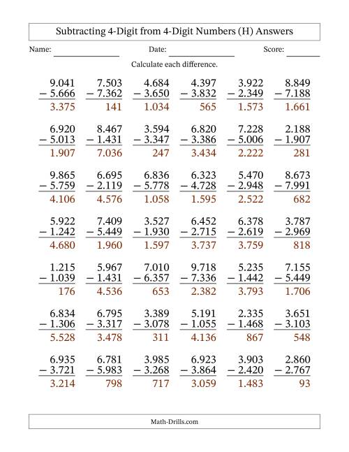 The Subtracting 4-Digit from 4-Digit Numbers With Some Regrouping (42 Questions) (Period Separated Thousands) (H) Math Worksheet Page 2