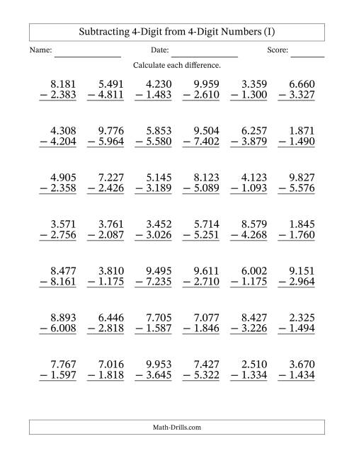 The Subtracting 4-Digit from 4-Digit Numbers With Some Regrouping (42 Questions) (Period Separated Thousands) (I) Math Worksheet