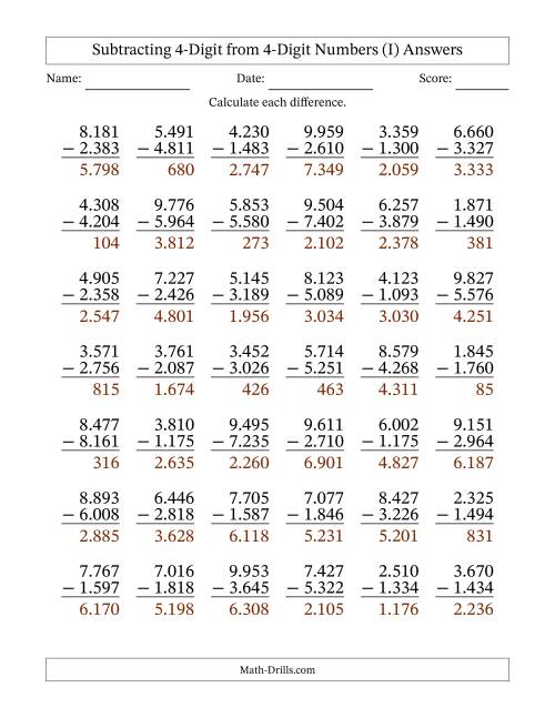 The Subtracting 4-Digit from 4-Digit Numbers With Some Regrouping (42 Questions) (Period Separated Thousands) (I) Math Worksheet Page 2