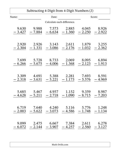 The Subtracting 4-Digit from 4-Digit Numbers With Some Regrouping (42 Questions) (Period Separated Thousands) (J) Math Worksheet