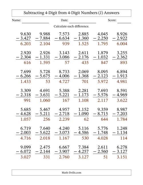 The Subtracting 4-Digit from 4-Digit Numbers With Some Regrouping (42 Questions) (Period Separated Thousands) (J) Math Worksheet Page 2