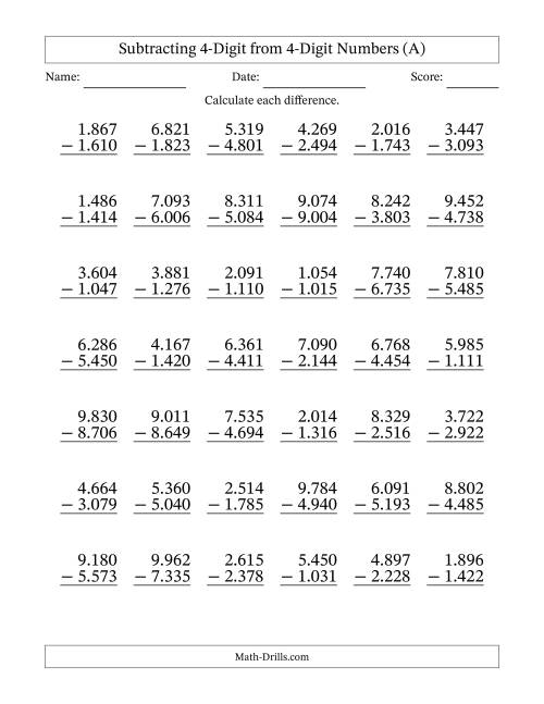 The Subtracting 4-Digit from 4-Digit Numbers With Some Regrouping (42 Questions) (Period Separated Thousands) (All) Math Worksheet