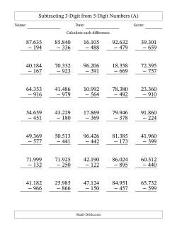 Subtracting 3-Digit from 5-Digit Numbers With Some Regrouping (35 Questions) (Period Separated Thousands)