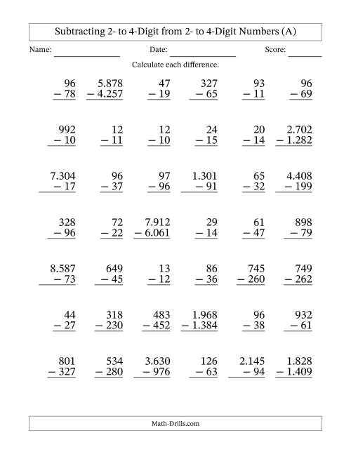 The Subtracting 2- to 4-Digit from 2- to 4-Digit Numbers With Some Regrouping (42 Questions) (Period Separated Thousands) (A) Math Worksheet