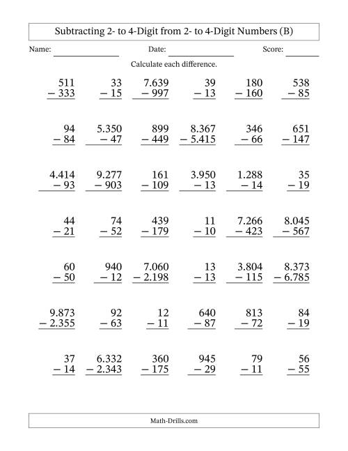 The Subtracting 2- to 4-Digit from 2- to 4-Digit Numbers With Some Regrouping (42 Questions) (Period Separated Thousands) (B) Math Worksheet