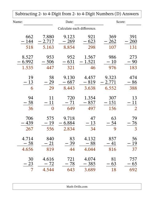 The Subtracting 2- to 4-Digit from 2- to 4-Digit Numbers With Some Regrouping (42 Questions) (Period Separated Thousands) (D) Math Worksheet Page 2
