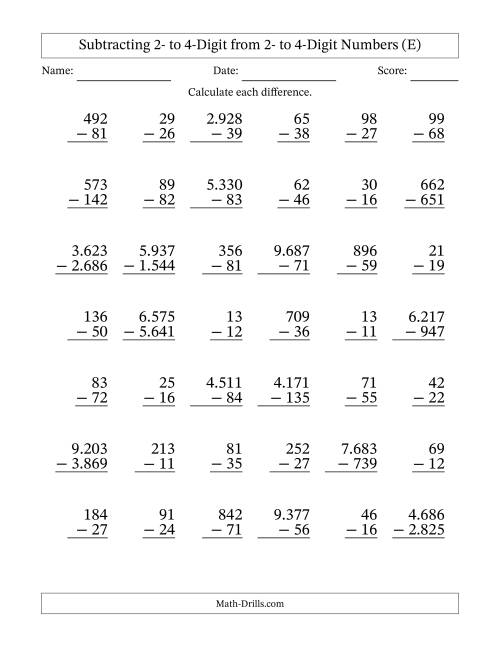 The Subtracting 2- to 4-Digit from 2- to 4-Digit Numbers With Some Regrouping (42 Questions) (Period Separated Thousands) (E) Math Worksheet