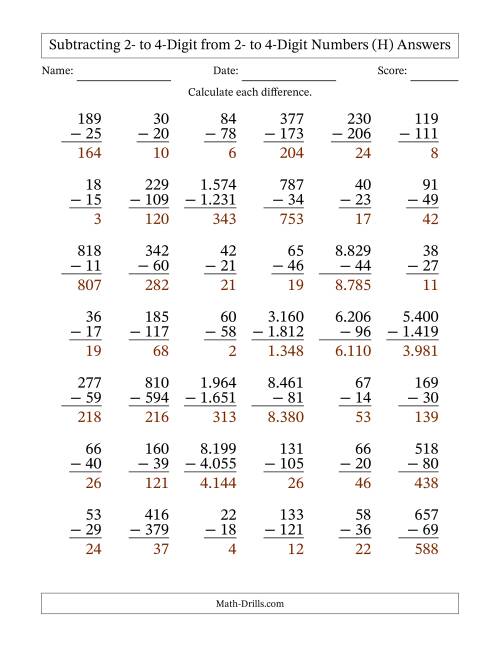 The Subtracting 2- to 4-Digit from 2- to 4-Digit Numbers With Some Regrouping (42 Questions) (Period Separated Thousands) (H) Math Worksheet Page 2