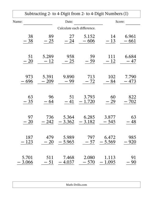 The Subtracting 2- to 4-Digit from 2- to 4-Digit Numbers With Some Regrouping (42 Questions) (Period Separated Thousands) (I) Math Worksheet