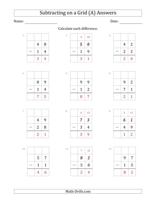 The Subtracting 2-Digit Numbers from 2-Digit Numbers With Grid Support (A) Math Worksheet Page 2
