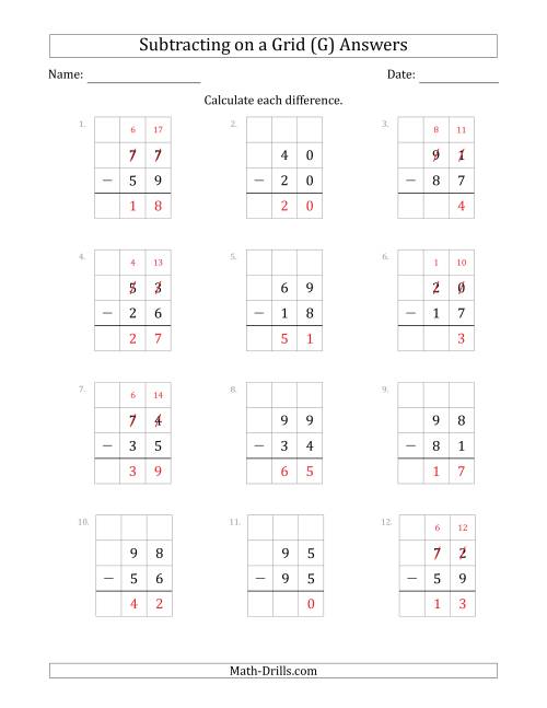 The Subtracting 2-Digit Numbers from 2-Digit Numbers With Grid Support (G) Math Worksheet Page 2