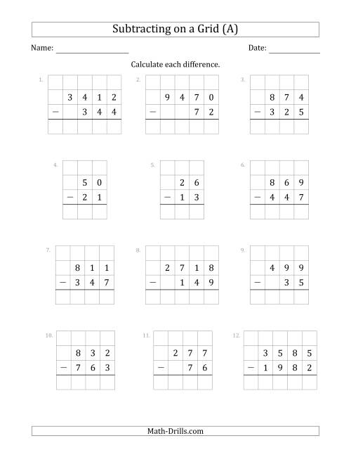 The Subtracting 2- to 4-Digit Numbers from 2- to 4-Digit Numbers With Grid Support (A) Math Worksheet