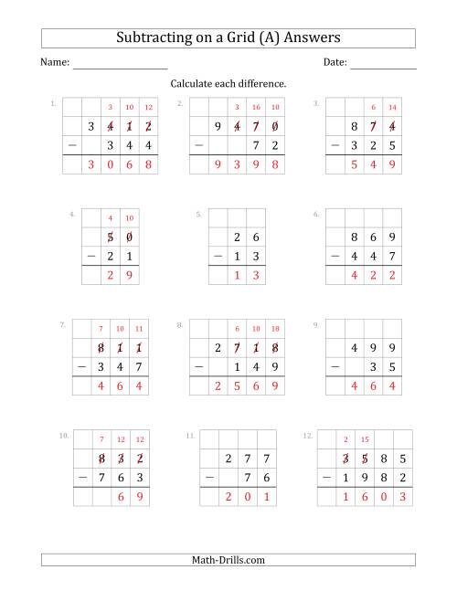 The Subtracting 2- to 4-Digit Numbers from 2- to 4-Digit Numbers With Grid Support (A) Math Worksheet Page 2