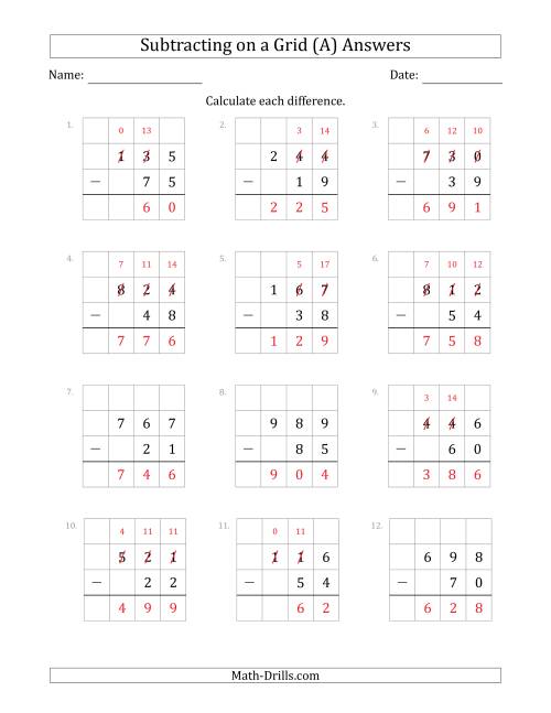The Subtracting 2-Digit Numbers from 3-Digit Numbers With Grid Support (A) Math Worksheet Page 2