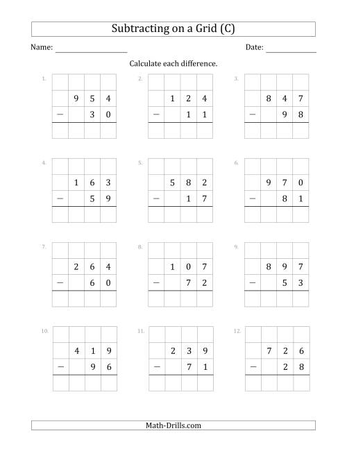 The Subtracting 2-Digit Numbers from 3-Digit Numbers With Grid Support (C) Math Worksheet