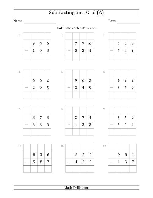 The Subtracting 3-Digit Numbers from 3-Digit Numbers With Grid Support (A) Math Worksheet