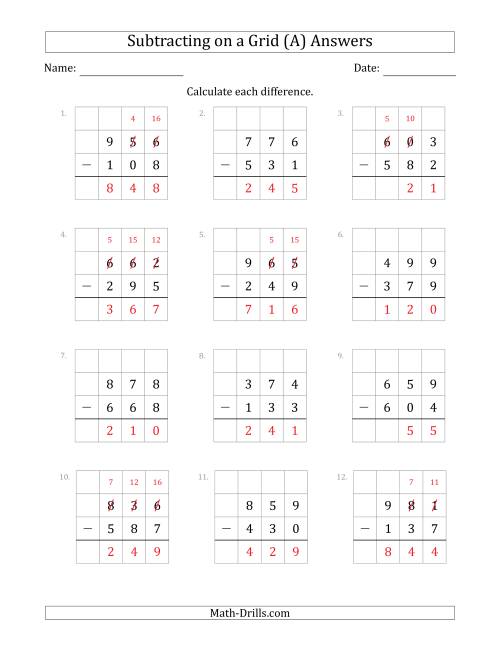 The Subtracting 3-Digit Numbers from 3-Digit Numbers With Grid Support (A) Math Worksheet Page 2