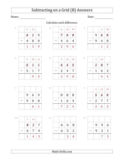 The Subtracting 3-Digit Numbers from 3-Digit Numbers With Grid Support (B) Math Worksheet Page 2