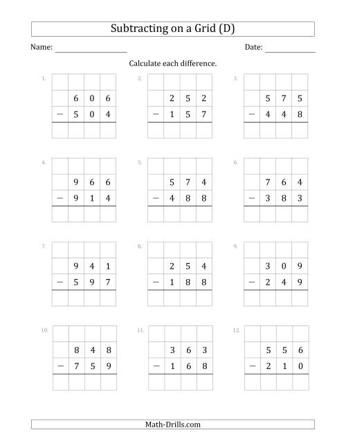 The Subtracting 3-Digit Numbers from 3-Digit Numbers With Grid Support (D) Math Worksheet