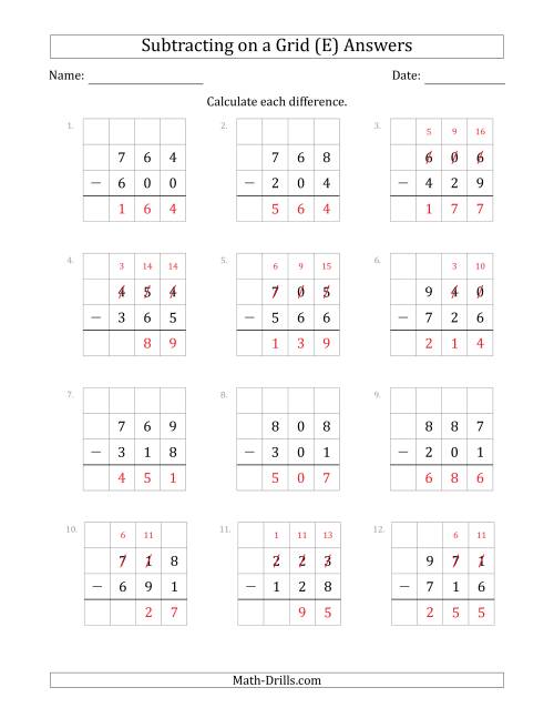 The Subtracting 3-Digit Numbers from 3-Digit Numbers With Grid Support (E) Math Worksheet Page 2