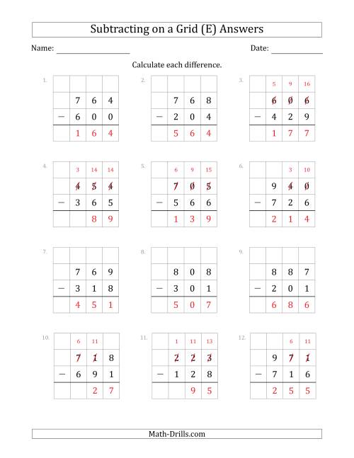 subtracting 3 digit numbers from 3 digit numbers with grid