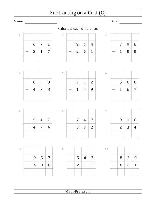 The Subtracting 3-Digit Numbers from 3-Digit Numbers With Grid Support (G) Math Worksheet