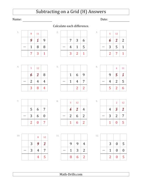 The Subtracting 3-Digit Numbers from 3-Digit Numbers With Grid Support (H) Math Worksheet Page 2