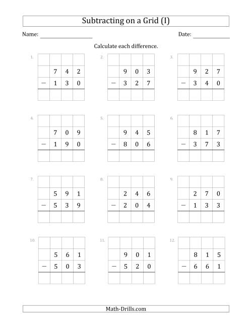The Subtracting 3-Digit Numbers from 3-Digit Numbers With Grid Support (I) Math Worksheet