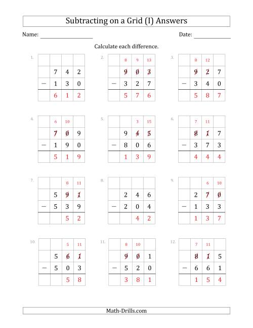 The Subtracting 3-Digit Numbers from 3-Digit Numbers With Grid Support (I) Math Worksheet Page 2