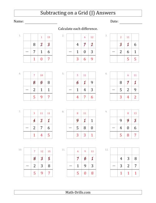 The Subtracting 3-Digit Numbers from 3-Digit Numbers With Grid Support (J) Math Worksheet Page 2
