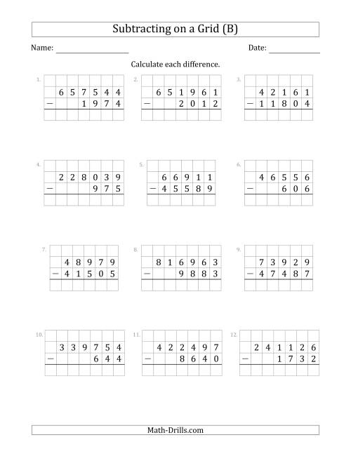 The Subtracting 3- to 6-Digit Numbers from 3- to 6-Digit Numbers With Grid Support (B) Math Worksheet