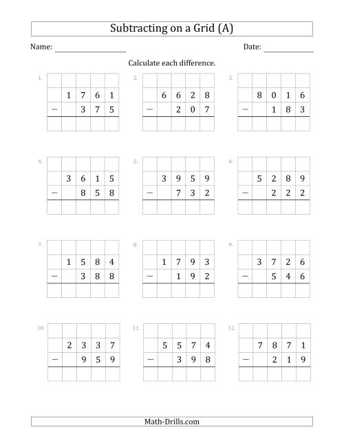 The Subtracting 3-Digit Numbers from 4-Digit Numbers With Grid Support (A) Math Worksheet