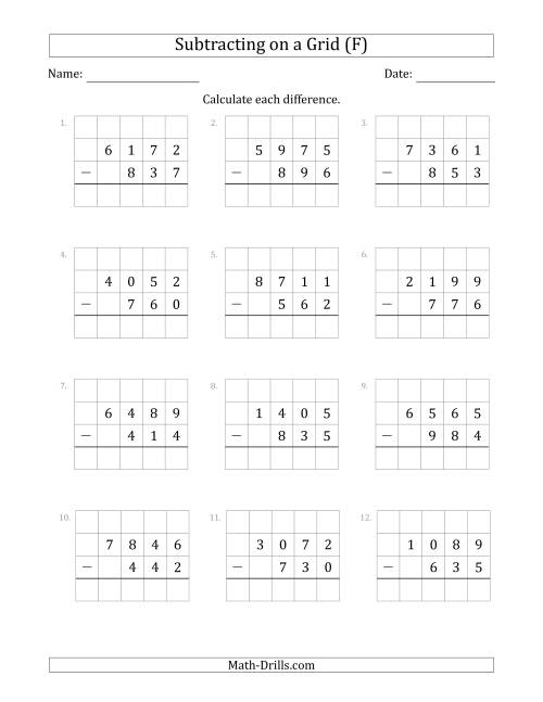 The Subtracting 3-Digit Numbers from 4-Digit Numbers With Grid Support (F) Math Worksheet
