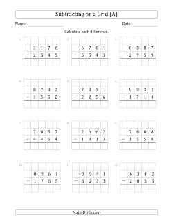 Subtracting 4-Digit Numbers from 4-Digit Numbers With Grid Support