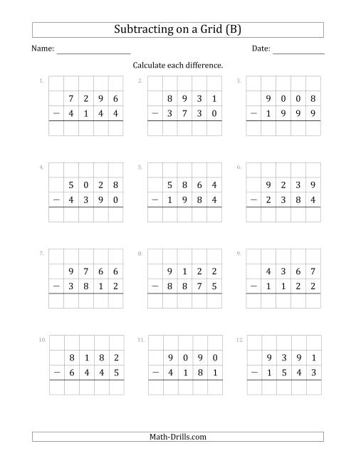 The Subtracting 4-Digit Numbers from 4-Digit Numbers With Grid Support (B) Math Worksheet