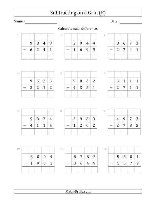 The Subtracting 4-Digit Numbers from 4-Digit Numbers With Grid Support (F) Math Worksheet