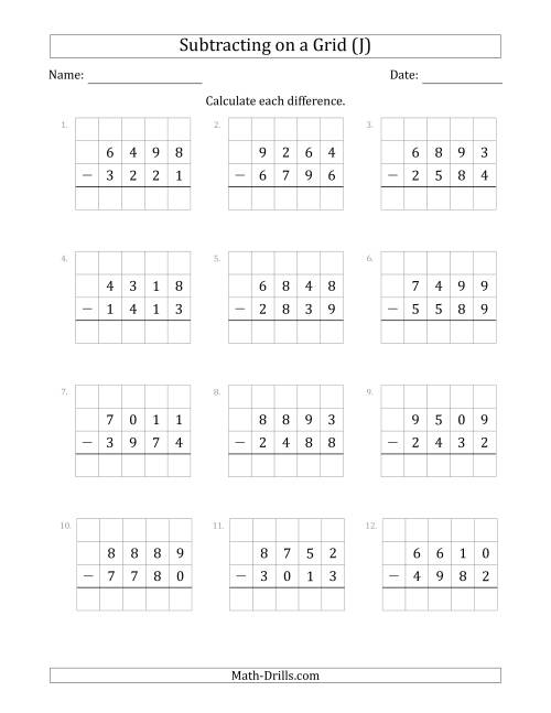 The Subtracting 4-Digit Numbers from 4-Digit Numbers With Grid Support (J) Math Worksheet