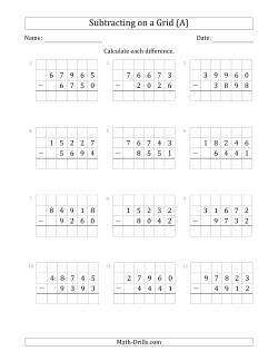 Subtracting 4-Digit Numbers from 5-Digit Numbers With Grid Support